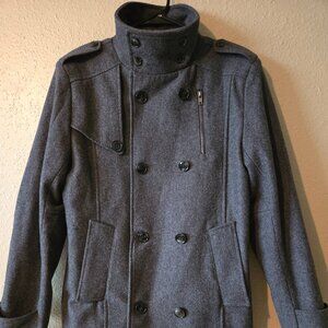 Unisex- Fashionable double breasted dark grey coat with a high collar.